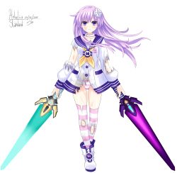 Rule 34 | 1girl, blush, collar, collarbone, d-pad, dress, dual wielding, female focus, grass, hair ornament, helvetica std, highres, holding, holding weapon, long hair, looking at viewer, nepgear, neptune (series), panties, pink hair, purple eyes, purple hair, shoes, solo, standing, sword, thighhighs, torn clothes, underwear, weapon