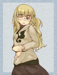 Rule 34 | 00s, 1girl, blue eyes, brown skirt, casual, cowboy shot, face, glasses, long hair, long sleeves, looking at viewer, mune, perrine h. clostermann, rimless eyewear, skirt, solo, strike witches, very long hair, world witches series