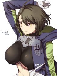 Rule 34 | 1girl, ahoge, azur lane, baltimore (azur lane), black leotard, braid, breasts, brown hair, cleavage, clothing cutout, coat, cutout below navel, dated, french braid, gloves, hair between eyes, highres, large breasts, leotard, long sleeves, looking at viewer, multicolored coat, signature, simple background, solo, stomach cutout, upper body, white background, white gloves, yamamori kinako, yellow eyes