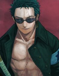 Rule 34 | 1boy, ;), absurdres, armband, dark green hair, earrings, green shirt, grin, highres, jewelry, male focus, no bangs, one eye closed, one piece, open clothes, open shirt, red background, roronoa zoro, scar, scar across eye, scar on chest, shirt, short hair, simple background, smile, solo, sunglasses, sword, sword hilt, urasanmyaku, weapon