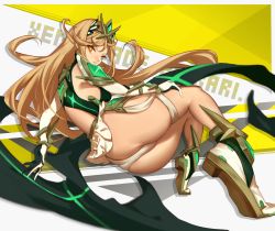 Rule 34 | bare legs, bare shoulders, blonde hair, breasts, dress, earrings, elbow gloves, fly sister123, gem, gloves, headpiece, highres, jewelry, large breasts, long hair, mythra (xenoblade), short dress, swept bangs, thigh strap, tiara, very long hair, white dress, white footwear, white gloves, xenoblade chronicles (series), xenoblade chronicles 2, yellow eyes