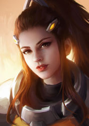Rule 34 | 1girl, brigitte (overwatch), brown eyes, brown hair, commentary request, freckles, highres, lips, long hair, looking at viewer, overwatch, overwatch 1, parted lips, ponytail, portrait, qichao wang, sidelocks, signature, simple background, smile, solo, upper body