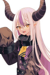 Rule 34 | 1girl, ascot, braid, collar, demon girl, demon horns, fang, hair between eyes, hand up, highres, hololive, horns, la+ darknesss, long sleeves, metal collar, multicolored hair, open mouth, pointy ears, sanuki you, side braid, skin fang, sleeves past wrists, slit pupils, smile, solo, streaked hair, striped horns, upper body, virtual youtuber, white background, white hair, yellow ascot, yellow eyes