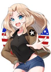Rule 34 | 1girl, :d, american flag, black shirt, blonde hair, blue eyes, blue shorts, blush, brown jacket, closed mouth, commentary, cutoffs, denim, denim shorts, emblem, flag print, girls und panzer, hair intakes, hand on own hip, highres, jacket, kay (girls und panzer), leaning to the side, light blush, long hair, long sleeves, looking at viewer, midriff, military, military uniform, nakaba neteru, open clothes, open jacket, open mouth, outstretched hand, saunders military uniform, shirt, short shorts, shorts, smile, solo, standing, star (symbol), uniform, upper body, v-shaped eyebrows