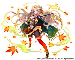 Rule 34 | 1girl, autumn leaves, bare shoulders, black pantyhose, blonde hair, blue eyes, breasts, cleavage, detached collar, gauntlets, kai-ri-sei million arthur, long hair, looking at viewer, armored boots, million arthur (series), official art, original, pantyhose, pisuke, solo, sword, thighhighs, thighhighs over pantyhose, very long hair, weapon