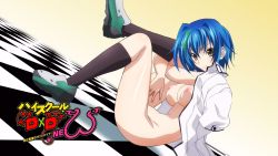 Rule 34 | 10s, 1girl, blue hair, bottomless, breasts, high school dxd, high school dxd new, highres, large breasts, nipples, screencap, short hair, smile, socks, solo, topless, xenovia quarta, yellow eyes