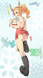 Rule 34 | !, 10s, 1girl, 2014, artist name, ass, boots, brown eyes, christmas, dress, from behind, fur trim, highres, kenshin187, long hair, looking back, nami (one piece), one piece, orange hair, ponytail, short dress, solo, standing, tattoo