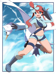 Rule 34 | 1girl, :d, absurdres, blue eyes, blue footwear, blue gloves, blue jacket, blue shorts, boots, border, breasts, commentary, creatures (company), cropped jacket, full body, game freak, gen 5 pokemon, gloves, gym leader, hair between eyes, hair ornament, hand up, highres, jacket, looking at viewer, midriff, navel, nintendo, one side up, open mouth, outside border, outstretched arm, pokemon, pokemon (creature), pokemon bw, pouch, red hair, shabana may, shiny skin, short hair with long locks, short shorts, shorts, sidelocks, skyla (pokemon), smile, spread legs, swanna, teeth, thigh pouch, tongue, turtleneck, upper teeth only, white border
