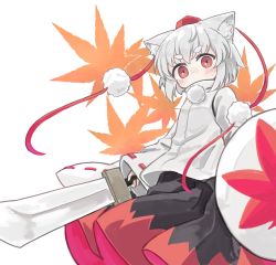 Rule 34 | 1girl, animal ear fluff, animal ears, black skirt, blush, commentary, cowboy shot, grey hair, hat, high collar, highres, holding, holding shield, holding sword, holding weapon, inubashiri momiji, kibisake, leaf print, long sleeves, looking at viewer, maple leaf print, medium hair, pom pom (clothes), red eyes, red hat, ribbon-trimmed sleeves, ribbon trim, shield, shirt, skirt, solo, sword, thick eyebrows, tokin hat, touhou, weapon, white background, white shirt, wide sleeves, wolf ears