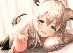 Rule 34 | 1girl, absurdres, ahoge, animal ears, anzu yotsuba, bed sheet, blurry, blurry background, blush, braid, commentary request, curtains, fox ears, fox girl, fox tail, green eyes, green skirt, hair between eyes, highres, hololive, long hair, looking at viewer, lying, on stomach, open mouth, shirakami fubuki, shirakami fubuki (street), shirt, sidelocks, single braid, skirt, solo, tail, virtual youtuber, white hair, white shirt