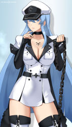 Rule 34 | 1girl, absurdres, akame ga kill!, black choker, blue eyes, blue hair, breasts, chain, choker, cleavage, colored eyelashes, contrapposto, cowboy shot, dress, esdeath, hat, highres, hioyami, holding, holding chain, large breasts, long hair, looking at viewer, military, military hat, military uniform, parted lips, peaked cap, short dress, solo, tattoo, thighhighs, thighs, uniform, very long hair, white dress, zettai ryouiki