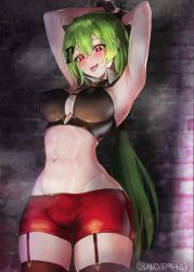 Rule 34 | abs, ahegao, armpits, arms up, bad id, bad pixiv id, black thighhighs, bound, breasts, cleavage, cleavage cutout, clothing cutout, commission, covered erect nipples, cuffs, dano, garter straps, girls&#039; frontline, green eyes, handcuffs, heart, highres, large breasts, legs apart, mk48 (girls&#039; frontline), navel, pixiv commission, red eyes, restrained, shackles, short shorts, shorts, skin tight, skindentation, sweat, thick thighs, thighhighs, thighs, tongue