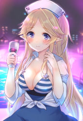 Rule 34 | 1girl, bikini, bikini top only, blonde hair, blue eyes, blue skirt, blurry, blurry background, blush, breasts, cleavage, closed mouth, commentary request, cross, cross earrings, cup, depth of field, drinking glass, earrings, front-tie top, gucchiann, hands up, high-waist skirt, highres, holding, holding cup, jewelry, long hair, looking at viewer, medium breasts, parted bangs, pointy ears, princess connect!, shirt, short sleeves, skirt, smile, solo, striped bikini, striped clothes, swimsuit, very long hair, white headwear, white shirt, wine glass, yukari (princess connect!), yukari (summer) (princess connect!)