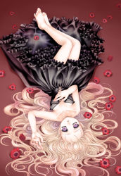 Rule 34 | 1girl, bare shoulders, barefoot, black dress, blonde hair, collarbone, dress, feet, flower, frilled dress, frills, hand on own chest, lolita fashion, long hair, looking at viewer, lying, plastic moon, purple eyes, solo, upside-down