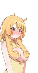 Rule 34 | 1girl, @ @, absurdres, animal ears, blonde hair, blush, breasts, china dress, chinese clothes, chung (ugwa), closed mouth, dress, hair between breasts, hair over breasts, highres, long hair, medium breasts, original, solo, ugwa, yellow dress, yellow eyes