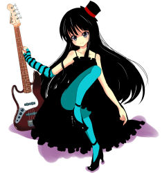 Rule 34 | 00s, 1girl, akiyama mio, bass guitar, black hair, blue pantyhose, blunt bangs, don&#039;t say &quot;lazy&quot;, gloves, gothic lolita, hat, highres, hime cut, instrument, k-on!, lolita fashion, long hair, mini hat, mini top hat, nickq, pantyhose, single glove, solo, striped, top hat
