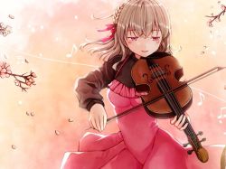Rule 34 | 1girl, bad id, bad pixiv id, black shirt, blush, bow, braid, branch, breasts, brown hair, commentary request, dress, eighth note, flower, frilled dress, frills, hair between eyes, hair bow, half-closed eyes, holding, holding instrument, holding violin, instrument, kurata rine, long hair, long sleeves, medium breasts, music, musical note, original, parted lips, petals, pink dress, pink flower, playing instrument, red bow, red eyes, shirt, sleeveless, sleeveless dress, smile, solo, violin