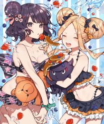 Rule 34 | 2girls, ^ ^, abigail williams (fate), bare shoulders, bikini, black bikini, black bow, blonde hair, blue background, blueberry, blush, bow, breasts, cleavage, closed eyes, collarbone, double bun, emerald float, fate/grand order, fate (series), floral print, flower, food, forehead, frilled bikini, frills, fruit, hair bow, hair bun, hair flower, hair ornament, hairpin, hanagata, holding, holding stuffed toy, katsushika hokusai (fate), katsushika hokusai (painting summer) (fate), long hair, looking at viewer, medium breasts, miniskirt, multiple girls, navel, octopus, official alternate costume, orange bow, pancake, parted bangs, plate, polka dot, polka dot bow, purple eyes, purple hair, short hair, sidelocks, single hair bun, skirt, small breasts, smile, strawberry, striped, striped background, stuffed toy, swimsuit, thighs, tokitarou (fate), water