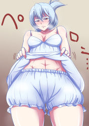 Rule 34 | 1girl, :&lt;, aq interactive, arcana heart, arcana heart 2, bifidus, bloomers, blush, breasts, clothes lift, embarrassed, examu, folded ponytail, from below, frown, gradient background, looking at viewer, medium breasts, navel, nightgown, short hair, silver hair, skirt, skirt lift, stomach, sweat, thick thighs, thighs, underwear, yellow eyes, zenia valov