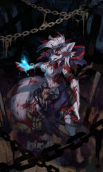Rule 34 | 1girl, absurdres, animal ears, animal hands, animal skull, artist name, bandaged arm, bandages, bare tree, barefoot, black sclera, blood, blue fire, bone, breasts, chain, claws, clenched teeth, colored sclera, deep wound, exposed muscle, female focus, fire, from above, full body, furry, furry female, glowing, glowing eyes, grass, guro, hand up, highres, hood, horns, injury, lin mzhh, long hair, magic, medium breasts, navel, night, no nipples, original, outdoors, pawpads, purple skirt, red eyes, ribs, sharp teeth, signature, silver hair, skirt, solo, standing, stomach, tail, teeth, topless, torn clothes, torn skirt, tree, wolf ears, wolf tail