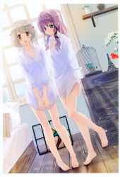 Rule 34 | 2girls, :o, absurdres, barefoot, bed, blue eyes, brown eyes, brown hair, cage, cupboard, dress shirt, dutch angle, feet, highres, image sample, legs, long hair, minimized, multiple girls, naked shirt, naruse chisato, original, purple hair, shirt, short hair, sleeves rolled up, toes, v arms, window