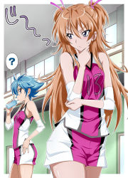 Rule 34 | 10s, 2girls, ?, bare shoulders, blue eyes, blue hair, brown hair, clothes writing, drinking, eyelashes, gym, houjou hibiki, indoors, long hair, multiple girls, nakahira guy, nishijima waon, precure, short hair, shorts, sportswear, suite precure, thinking, twintails, two side up, volleyball uniform, water