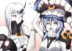 Rule 34 | 10s, arm up, black gloves, blue hair, cape, claws, collar, colored skin, colorized, detached sleeves, food, gloves, glowing, glowing eyes, hat, headgear, heart, holding, holding food, horns, kantai collection, long hair, looking at another, looking up, open mouth, pale skin, red eyes, seaport princess, single horn, sweatdrop, teeth, tentacles, wangphing, white skin, wo-class aircraft carrier, yellow eyes