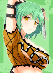 Rule 34 | 10s, 1girl, arm up, bare shoulders, blush, breasts, cleavage, crop top, frown, green hair, hikage (senran kagura), knife, large breasts, looking at viewer, off-shoulder shirt, senran kagura, shirt, short hair, slit pupils, solo, tattoo, torn clothes, upper body, watarui, yellow eyes, yellow shirt