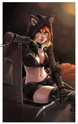 Rule 34 | 1girl, animal ears, belt, bikini, bikini top only, black thighhighs, breasts, cropped jacket, d-rex, facial mark, forehead mark, fox ears, fox tail, gauntlets, highres, holding, holding weapon, hood, hood up, lips, looking at viewer, medium breasts, navel, original, red hair, short hair, shorts, sitting, solo, swimsuit, tail, thighhighs, weapon, yellow eyes