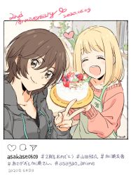 Rule 34 | 2020, 2girls, anniversary, apron, asagao to kase-san, blonde hair, brown eyes, brown hair, cake, casual, closed mouth, dated, closed eyes, food, happy, heart, highres, imo (suruga), kase tomoka, looking at viewer, multiple girls, official style, one eye closed, open mouth, photo (object), plate, short hair, smile, strawberry shortcake, translation request, twitter, v, very short hair, yamada yui
