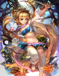 Rule 34 | 1girl, armpits, belt bra, blonde hair, blue bra, blue eyes, blue nails, blue panties, blue skirt, boots, bra, coin, detached sleeves, dual wielding, earrings, emperors saga, fingernails, gold, hairband, hand up, holding, holding sword, holding weapon, jewelry, jumping, liduke, long hair, looking at viewer, nail polish, navel, official art, panties, reverse grip, rock, skirt, smile, solo, strapless, sword, thighhighs, underwear, weapon, white footwear, white thighhighs
