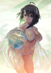 Rule 34 | 1girl, absurdres, arknights, ball, bare shoulders, beachball, bielin, bikini, black eyes, black hair, breasts, frilled bikini, frills, goggles, goggles around neck, hair between eyes, hair ornament, highres, jacket, la pluma (arknights), la pluma (summer flowers) (arknights), long sleeves, looking at viewer, medium breasts, navel, official alternate costume, open clothes, open jacket, see-through, short hair, solo, standing, stomach, swimsuit, wet, whistle, whistle around neck, white bikini