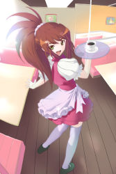Rule 34 | 00s, 1girl, :d, brown hair, cup, from above, from behind, green eyes, holding, holding tray, houmitsu, looking at viewer, looking back, my-hime, open mouth, ponytail, scrunchie, smile, solo, sugiura midori, teacup, thighhighs, tray, waitress, white scrunchie, white thighhighs, zettai ryouiki