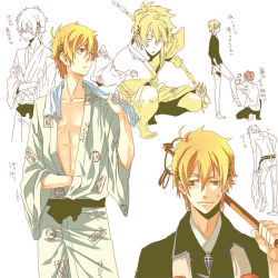 Rule 34 | angry, ao no exorcist, blonde hair, brothers, japanese clothes, male focus, open clothes, open shirt, pink hair, shima kenzou, shima renzou, shirt, topless male, short hair, siblings, sketch, squatting, staff, yellow eyes