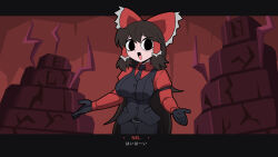 Rule 34 | 1girl, belt, black belt, black eyes, black gloves, black necktie, black vest, bow, breasts, brown hair, buttons, cerberus (helltaker), cerberus (helltaker) (cosplay), commentary request, cookie (touhou), cosplay, cowboy shot, empty eyes, frilled bow, frilled hair tubes, frills, gloves, hair bow, hair tubes, hakurei reimu, helltaker, highres, impossible clothes, impossible vest, kosokoso, large breasts, long hair, long sleeves, looking at viewer, necktie, noel (cookie), open mouth, palms, parody, red bow, red shirt, shirt, sidelocks, smile, solo, style parody, touhou, translation request, vanripper (style), vest