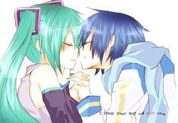 Rule 34 | 1boy, 1girl, aqua hair, bad id, bad pixiv id, blue hair, blush, closed eyes, couple, detached sleeves, hatsune miku, hetero, holding hands, imminent kiss, kaito (vocaloid), long hair, misssa, nail polish, parted lips, scarf, simple background, smile, twintails, vocaloid, white background