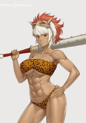 Rule 34 | 1girl, abs, animal print, bikini, breasts, club, club (weapon), cowboy shot, dakkalot, dark-skinned female, dark skin, fire emblem, fire emblem fates, fire emblem heroes, grey background, holding, holding weapon, large breasts, mask, mask on head, muscular, muscular female, navel, nintendo, oni, patreon logo, patreon username, red eyes, rinkah (fire emblem), short hair, solo, spiked club, strapless, strapless bikini, swimsuit, underboob, weapon, white hair