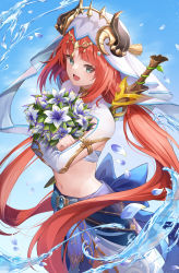 Rule 34 | 1girl, :d, aqua eyes, blue skirt, crop top, falling petals, floating hair, flower, genshin impact, harem outfit, highres, holding, holding flower, long hair, long sleeves, lunacle, navel, nilou (genshin impact), open mouth, petals, red hair, skirt, smile, solo, stomach, water, white sleeves