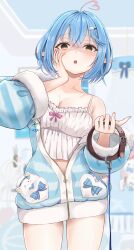 Rule 34 | 1girl, ahoge, bedroom, blue hair, blue jacket, blurry, blurry background, bob cut, breasts, camisole, character doll, character hair ornament, cleavage, commentary request, cowboy shot, crossed bangs, daifuku (yukihana lamy), disgust, double-parted bangs, empty eyes, frilled camisole, frills, fur-trimmed jacket, fur trim, hair between eyes, hair ornament, hairclip, hand on own cheek, hand on own face, heart, heart ahoge, highres, holding, holding leash, hololive, indoors, jacket, large breasts, leash, looking at viewer, looking down, multicolored hair, no pants, official alternate costume, official alternate hair length, official alternate hairstyle, pajamas, partially unzipped, pointy ears, polka dot camisole, short hair, single bare shoulder, sleepwear, solo, streaked hair, striped clothes, striped jacket, thigh gap, tonton utaro, virtual youtuber, white camisole, yamenaa (momosuzu nene), yandere, yellow eyes, yukihana lamy, yukihana lamy (loungewear), yukimin (yukihana lamy)