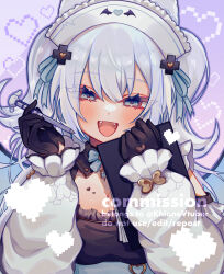 Rule 34 | 1girl, black gloves, black shirt, blue eyes, breast tattoo, breasts, cleavage, commission, fangs, gloves, heart, highres, holding, holding notebook, holding pen, indie virtual youtuber, khione (vtuber), medium breasts, medium hair, multicolored shirt, notebook, open mouth, pen, pixel heart, shirt, solo, tattoo, teeth, tehnyo, twintails, virtual youtuber, white hair, white shirt, white sleeves