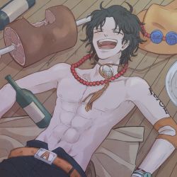 Rule 34 | 1boy, belt, bottle, food, freckles, highres, jewelry, lying, male focus, necklace, on back, one piece, portgas d. ace, topless male, sleeping, stampede string, tattoo