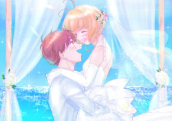 Rule 34 | 1boy, 1girl, :d, absurdres, antenna hair, backless dress, backless outfit, blonde hair, blue sky, bridal veil, brown eyes, brown hair, cardcaptor sakura, carrying, closed eyes, couple, curtains, day, dress, elbow gloves, flower, gloves, gun, hair flower, hair ornament, hands on another&#039;s shoulder, head wreath, highres, huge filesize, husband and wife, kinomoto sakura, li xiaolang, long dress, looking at another, ocean, open mouth, pink flower, pink rose, ranoranran, rifle, rose, see-through, short hair, sky, sleeveless, sleeveless dress, smile, sparkle, veil, weapon, wedding dress, white dress, white gloves