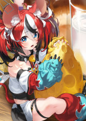 Rule 34 | 1girl, absurdres, animal ears, bow, cheese, collar, dice hair ornament, food, hair ornament, hakos baelz, highres, holocouncil, hololive, hololive english, jewelry, key, key necklace, kimyo, mouse (animal), mouse ears, mouse girl, mouse tail, mousetrap, necklace, solo, spiked collar, spikes, tail, tail bow, tail ornament, virtual youtuber