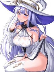 Rule 34 | 1girl, absurdres, azur lane, bare shoulders, breasts, crescent, crescent hat ornament, detached sleeves, dress, earrings, guichen (azur lane), hat, hat ornament, highres, jewelry, kuon (kuon), large breasts, large hat, long hair, looking at viewer, mole, mole under mouth, purple eyes, purple hair, simple background, sitting, solo, thighhighs, very long hair, white background, white dress, white hat, white theme, white thighhighs, witch hat