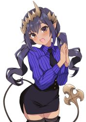Rule 34 | 1girl, :d, black hair, black necktie, black skirt, blush, braid, breasts, brown hair, collared shirt, commentary request, cowboy shot, crown braid, demon tail, fang, highres, honey strap, jyaco, large breasts, long hair, looking at viewer, low twintails, nanashi inc., necktie, office lady, open mouth, own hands together, palms together, pencil skirt, pointy ears, purple shirt, shimamura charlotte, shirt, simple background, skirt, smile, solo, striped clothes, striped shirt, tail, tan, twintails, virtual youtuber, white background