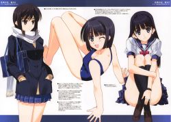 Rule 34 | 3girls, bag, bare shoulders, black hair, blue eyes, blush, brown eyes, coat, hands in pockets, highres, crossed legs, long hair, looking at viewer, looking back, multiple girls, nakamura takeshi, non-web source, one-piece swimsuit, one eye closed, open mouth, pleated skirt, ribbon, scarf, school bag, school swimsuit, school uniform, serafuku, shoes, short hair, sitting, skirt, smile, swimsuit, winter clothes, winter coat