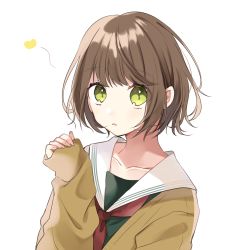 Rule 34 | 1girl, absurdres, black shirt, blush, brown hair, brown sweater, collarbone, green eyes, hachimitsu honey, hand up, highres, long sleeves, looking at viewer, original, parted lips, red neckwear, sailor collar, shirt, short hair, simple background, sleeves past wrists, solo, sweater, upper body, white background, white sailor collar