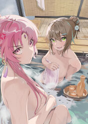 Rule 34 | 2girls, :d, absurdres, anger vein, auguste, breasts, collarbone, commentary request, completely nude, covering privates, cup, forehead jewel, fu xuan (honkai: star rail), green eyes, grey hair, highres, honkai: star rail, honkai (series), large breasts, long hair, looking at viewer, multiple girls, nude, nude cover, open mouth, pink eyes, pink hair, qingque (honkai: star rail), revision, same-sex bathing, shared bathing, smile, water