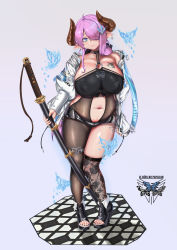 Rule 34 | .357mag, 1girl, absurdres, alternate costume, asymmetrical legwear, belly, blue eyes, breast tattoo, breasts, bug, butterfly, cleavage, clothing cutout, covered erect nipples, draph, earrings, full body, granblue fantasy, hair over one eye, hair over shoulder, highres, horns, huge breasts, insect, jacket, jewelry, katana, lace, lace legwear, long hair, micro shorts, nail polish, narmaya (granblue fantasy), navel, navel cutout, o-ring, o-ring top, open clothes, open jacket, pink hair, plump, pointy ears, sheath, sheathed, shorts, simple background, sleeves past wrists, smile, solo, standing, sword, tattoo, thighhighs, toeless footwear, uneven legwear, very long hair, weapon