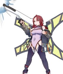 Rule 34 | 1girl, absurdres, after war gundam x, black thighhighs, boots, breasts, bullpup, closed mouth, clover, commentary, covered navel, energy cannon, energy weapon, expressionless, feet out of frame, girls&#039; frontline, gun, gundam, hair over one eye, highres, holding, holding gun, holding weapon, jacket, jitome, large breasts, long hair, mechanical wings, mouth hold, off shoulder, over shoulder, red eyes, red hair, satellite cannon, see-through, see-through jacket, shield module, simple background, solo, thighhighs, ts12 (girls&#039; frontline), weapon, weapon over shoulder, white background, wings, yanagui